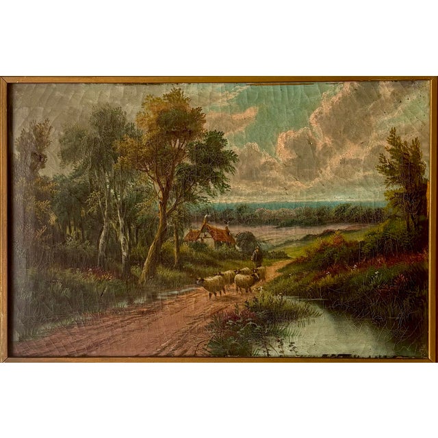 A charming 19th century British oil painting depicting a peaceful countryside landscape with a shepherd leading sheep...