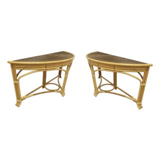 A Pair of Large Rattan and Bamboo Demilune Tables by John Hutton for Donghia For Sale