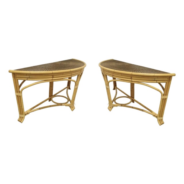 A Pair of Large Rattan and Bamboo Demilune Tables by John Hutton for Donghia For Sale