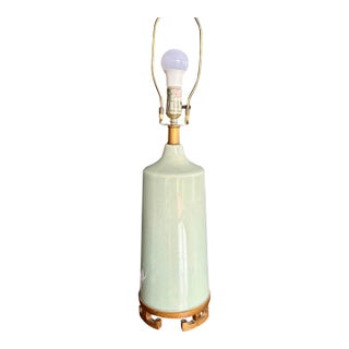 1960s Mid-Century Modern Celadon Crackle-Glaze Ceramic & Wood Table Lamp For Sale