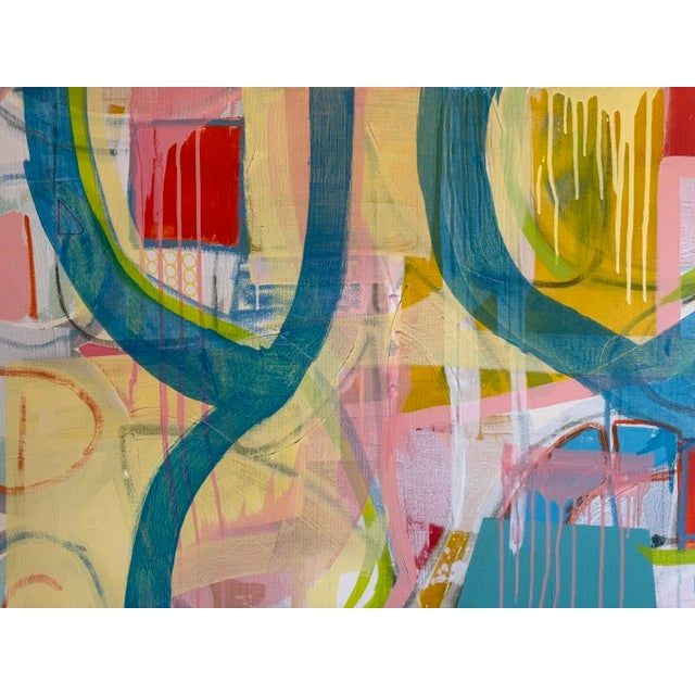 2020s Large Contemporary Abstract Acrylic Painting – Teal, Coral & Yellow Drip Expressionism For Sale - Image 5 of 10