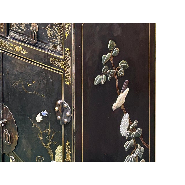 Vintage Chinoiseries Black & Stone Inlay Graphic End Table Nightstand For Sale - Image 15 of 15