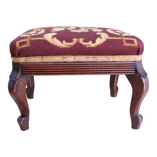 Antique French Carved Mahogany Needlepoint Footstool For Sale
