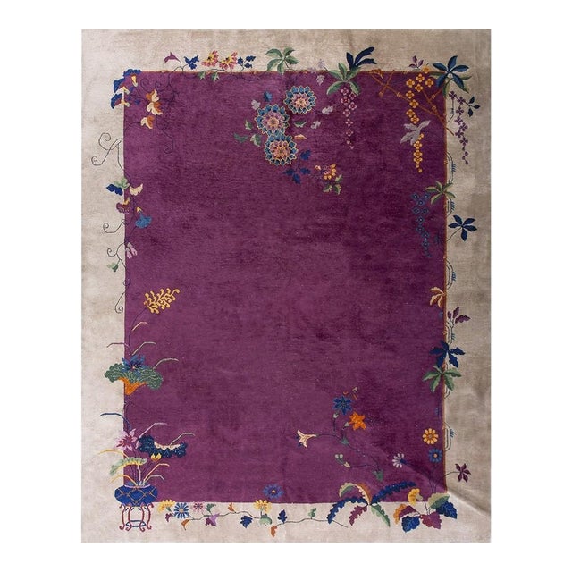 1920s Purple Floral Vase Modern Antique Chinese Knotted Art Deco Room Size Rug For Sale