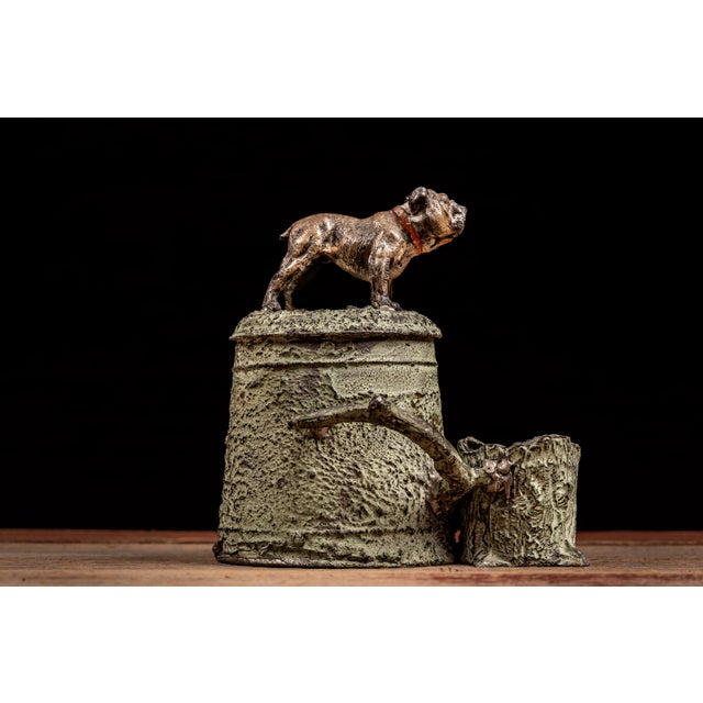 Victorian Early 20th-Century Cast Metal Bulldog Tree Stump Desk Humidor For Sale - Image 3 of 9