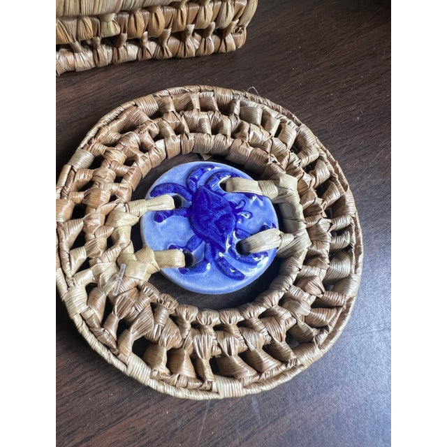 Blue 1970s Ceramic Blue Crab Coasters With Wicker Edges and Basket - a Pair For Sale - Image 8 of 8