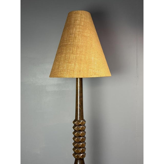 Brown Mid-Century Brutalist Art Deco Floor French Wood Turned Lamp in the Style of Charles Dudouyt, 1950s For Sale - Image 8 of 14