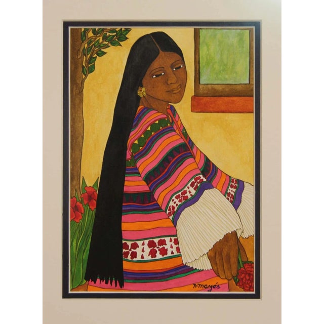 Abstract Nadine Mayes Colorful Watercolor Portrait of Seated Female in Pink and Orange Striped Dress 1990s For Sale - Image 3 of 11