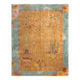 1920s Yellow Saffron Scene Modern Antique Chinese Art Deco Carpet by Nichols Atelier 8'10"x11'3" Knotted Wool Rug For Sale