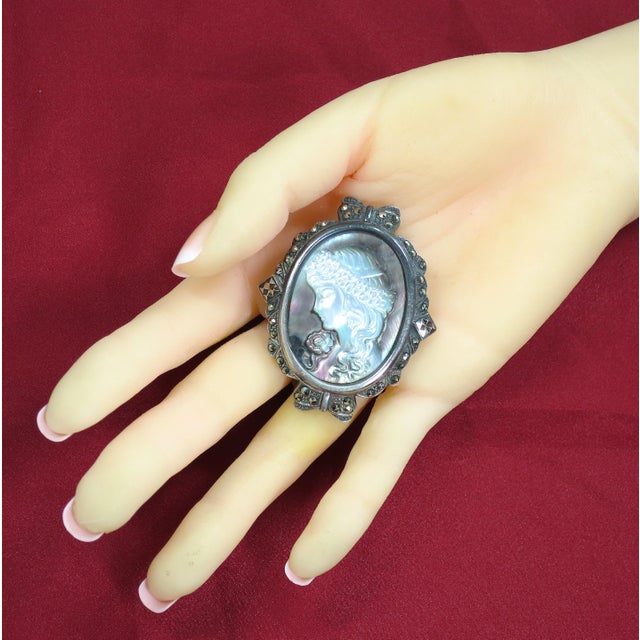 Antique Edwardian Sterling Abalone Marcasite Cameo Brooch 1910s For Sale - Image 9 of 9