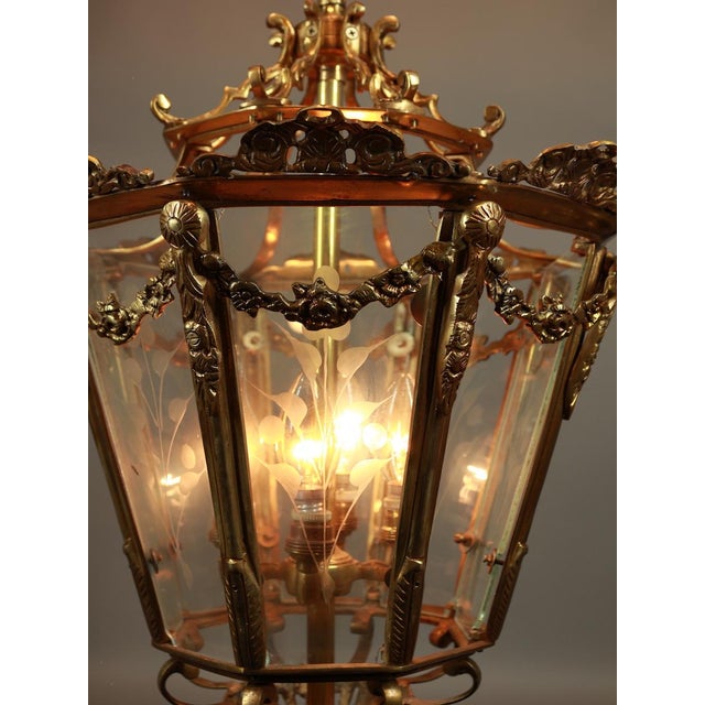 Metal 1970 French Louis XVI Gold Bronze Glass Lantern Chandelier For Sale - Image 7 of 12