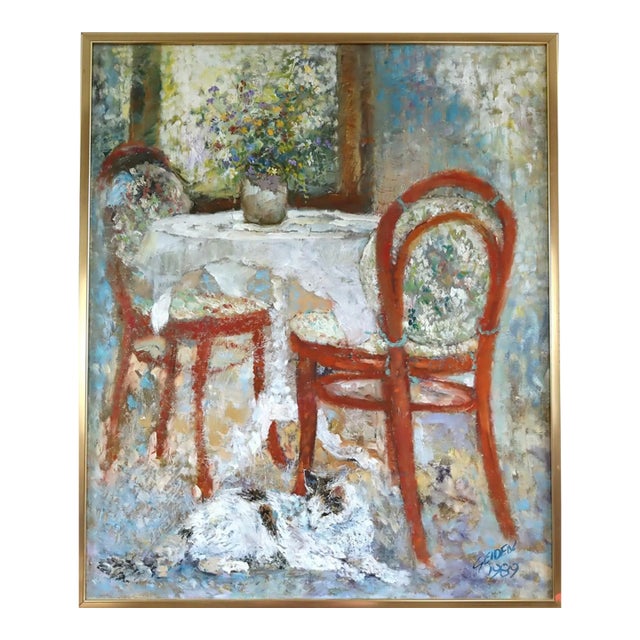 1989 Impressionist 'Table for Two' Vintage Original Interior Still Life Oil Painting, Framed For Sale