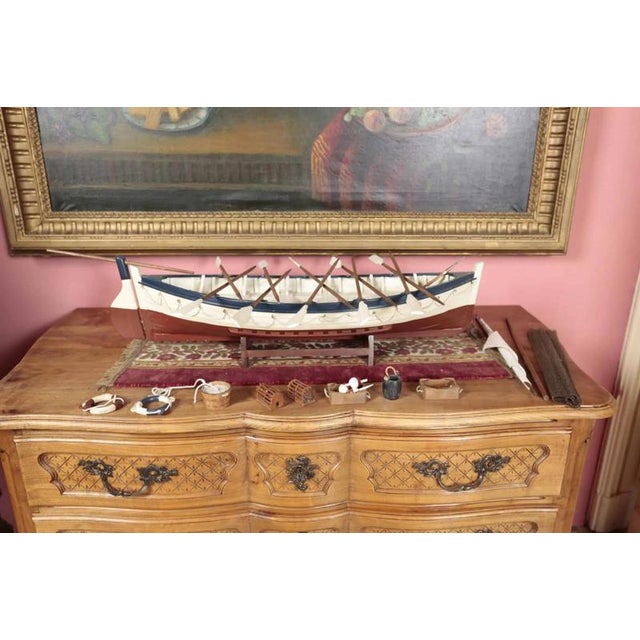 Large Wooden Fishing Boat Model with Oars For Sale - Image 3 of 4