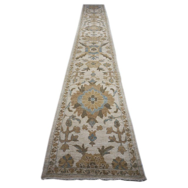 Persian Persian Sultanabad Wool 3x23 Ivory, Light Blue & Tan Handmade Runner Rug #1141108 For Sale - Image 3 of 5