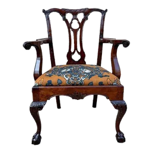 19th Century Antique Chippendale Style Carved Mahogany Open Armchair.