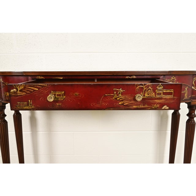 Maitland Smith English Regency Chinoiserie Hand-Painted Red Lacquered Console Table For Sale In South Bend - Image 6 of 14
