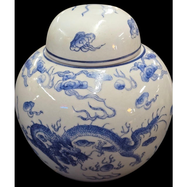 Chinoiserie Vintage Hand-Painted Blue and White Dragon Ginger Jar With Matching Lid For Sale - Image 3 of 9