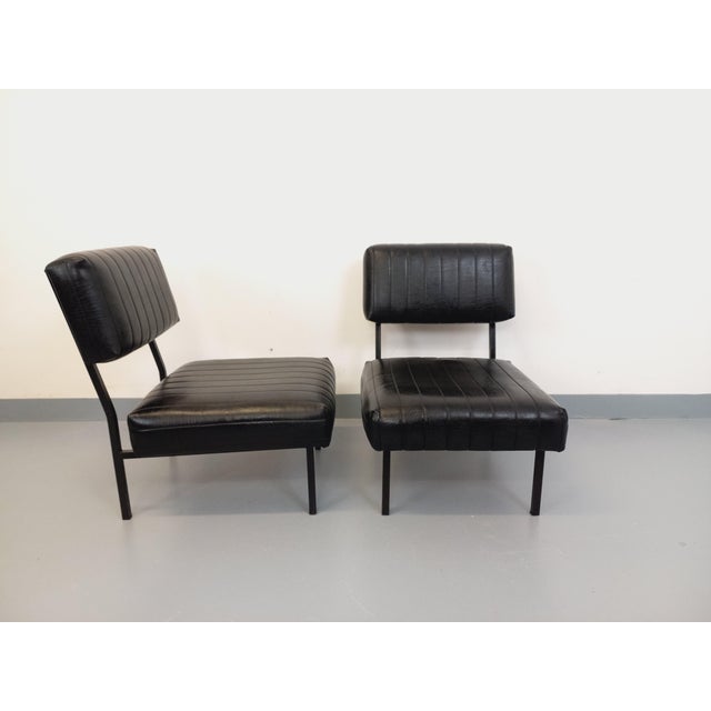 Vintage Modernist Lounge Chairs in Black Imitation Leather and Metal, 1960s, Set of 2 For Sale - Image 16 of 18