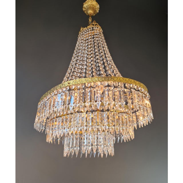 Antique Art Nouveau Low Oval Plafonnier Crystal Chandelier Brass Lustre Ceiling For Sale - Image 6 of 13