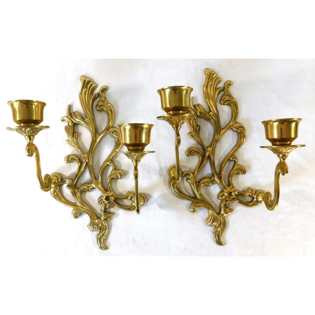 Pair Vintage Ornate Brass Double Candle Wall Sconces For Sale - Image 4 of 4