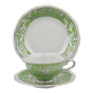 Manfred Veyhl Silver Overlay Green Porcelain Cup and Saucer Trio For Sale