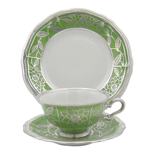 Manfred Veyhl Silver Overlay Green Porcelain Cup and Saucer Trio For Sale