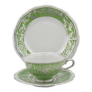 Manfred Veyhl Silver Overlay Green Porcelain Cup and Saucer Trio