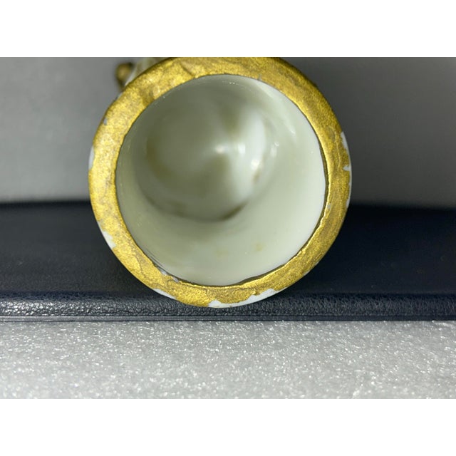 Fine Antique c.f. Monroe Wave Crest "Opal Ware" Hand-Painted Cylinder Vase in Ornate Gilt Ormolu Mount For Sale In Dallas - Image 6 of 7