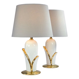 Vintage White Gold Ceramic Table Lamps, 1980s, Set of 2 For Sale
