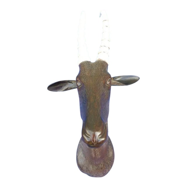 1970s Figurative Carved Wooden Trophy Female Ibex Head For Sale