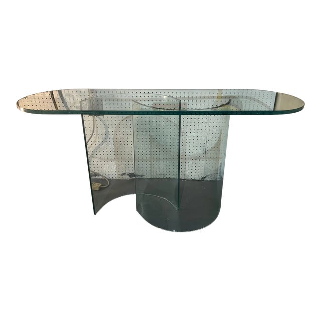 1970s Vintage Modern Curved Glass Oval Console Table with Dual Pedestal Bases For Sale