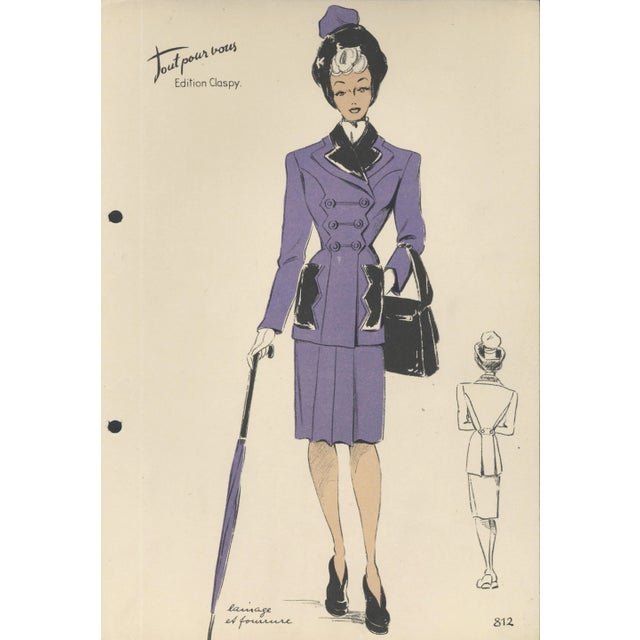 Mid-Century Modern Set of 4-1940s Mid-Century French Fashion Croquis For Sale - Image 3 of 6