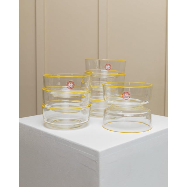 Vintage Empoli Glass Bowls in Clear Glass with Yellow Rim from Fratelli Buggiani,1980s, Set of 9 For Sale - Image 11 of 12