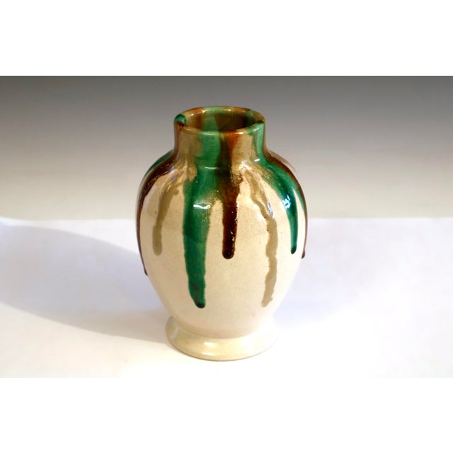 Awaji Pottery vase with alternating serendipitous drips of green, khaki, and brown against an oatmeal ground. Nice Wabi...