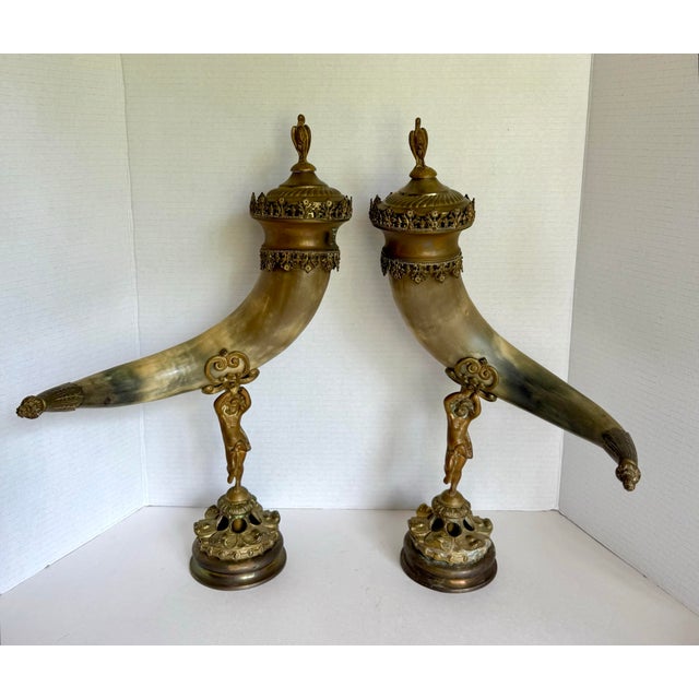 Pair of 19th C. Brass and Horn Cherub Trophy Beer Steins Mantel Cornucopias For Sale - Image 10 of 12