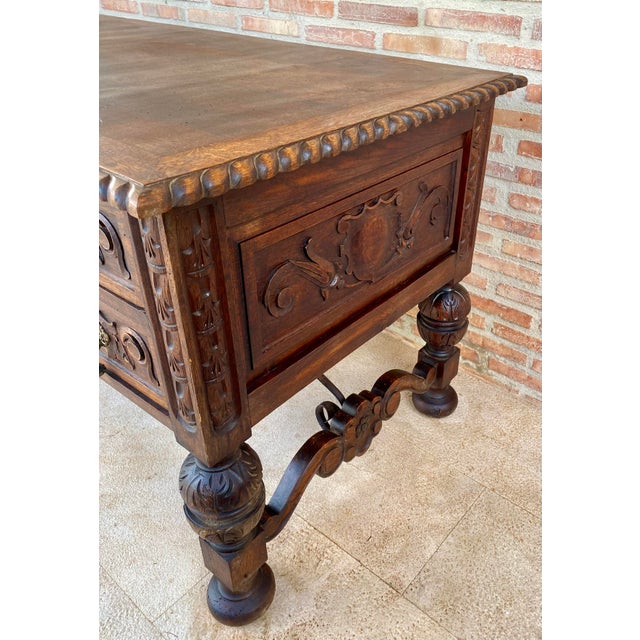 19th Century French Renaissance Hand Carved Desk or Writing Table with Carved Structure and Iron Stretcher For Sale - Image 15 of 18