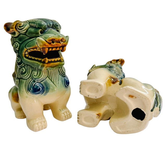 Ceramic Late 20th Century Pair of Green & Blue Glazed Ceramic Foo Dog Figurines For Sale - Image 7 of 9
