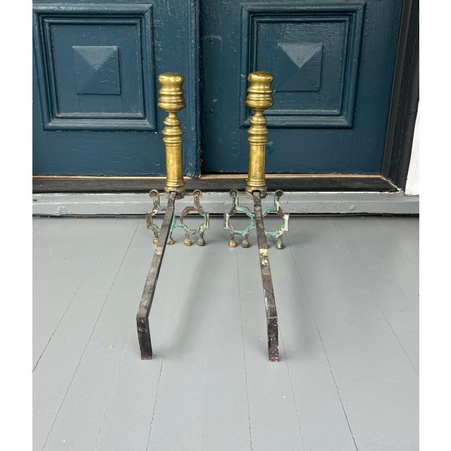 English Antique Brass Fireplace Andirons With Iron Log Supports | English Style Turned Finials | 19” Tall For Sale - Image 3 of 8