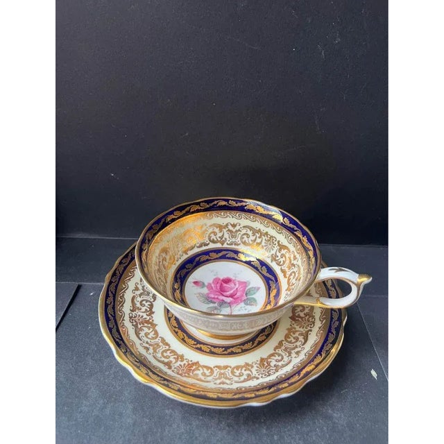 1950s 1950s Paragon Tea Cup & Saucer Cobalt Blue & Floral Gold Gilt Teacup Set, England- 2 Pieces For Sale - Image 5 of 13