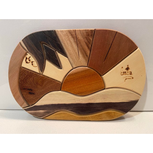 Arts & Crafts Late 20th Century Artisan Wooden Intarsia, Sunset Over Beach Waves, Signed. For Sale - Image 3 of 11