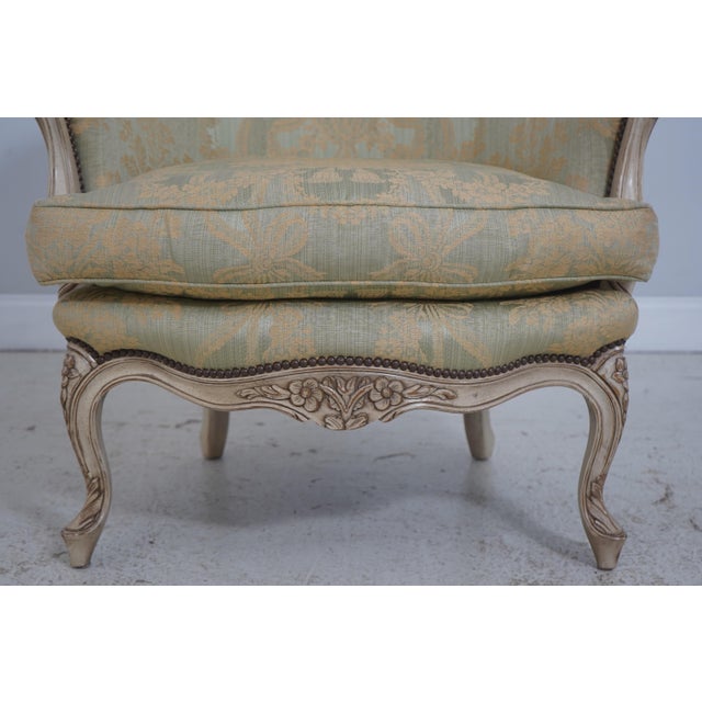 Pair Baker French Louis XV Damask Upholstered Bergere Chairs For Sale - Image 9 of 18
