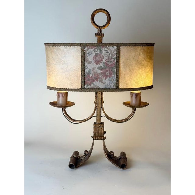 Large Florentine Gilt Iron Two-Light Table Lamp with Leather and Tapestry Shade, 1950s For Sale - Image 4 of 18