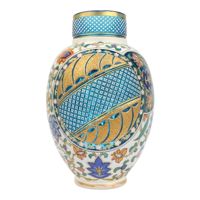 Antique Bohemian Aesthetic Movement Cased Blue & White Enameled Cut Glass Vase For Sale