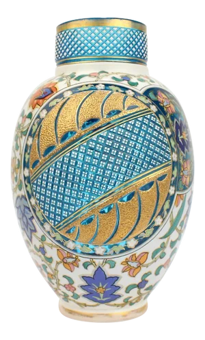 Antique Bohemian Aesthetic Movement Cased Blue & White Enameled Cut Glass Vase