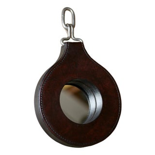 Vintage French Lancel Mirror in Leather and Wood, 1960s For Sale