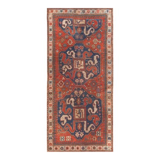 1900s Red Geometric Antique Caucasian Chondzoresk Kazak Rug 3' 6"x7' 9" Handknotted Wool Carpet For Sale