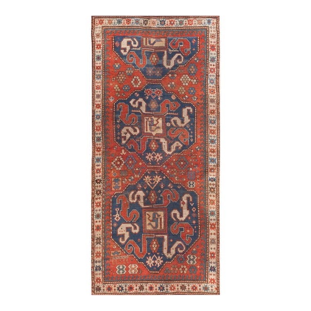 1900s Red Geometric Antique Caucasian Chondzoresk Kazak Rug 3' 6"x7' 9" Handknotted Wool Carpet For Sale