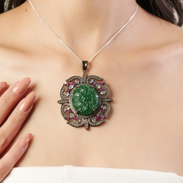 Ornate Floral Carved Green Aventurine Victorian Pendant- Anniversary Gifts For Sale - Image 9 of 12