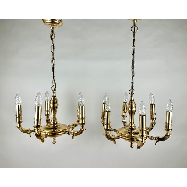 Vintage Spanish 4 & 6 Light Golden Brass Chandeliers from Saeval, Set of 2 For Sale - Image 10 of 10