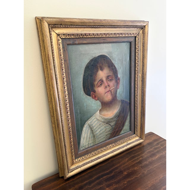 Victorian Antique Italian Oil on Canvas Portrait Painting of a Boy Smoking by Giovanni Ciappa, Early 19th Century For Sale - Image 3 of 12